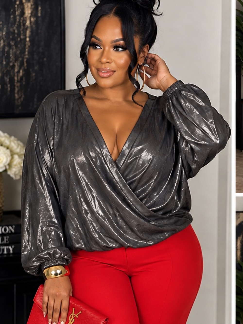 Shimmery Metallic Charcoal Wrap Top - Women